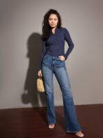 SASSAFRAS Navy Blue High Neck Half Zipper Fitted Top - Image 5