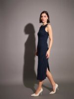 SASSAFRAS Navy Blue Ribbed Sheath Midi Dress - Image 3