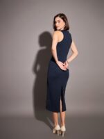 SASSAFRAS Navy Blue Ribbed Sheath Midi Dress - Image 4