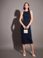 SASSAFRAS Navy Blue Ribbed Sheath Midi Dress - Image 5