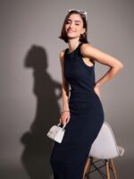 SASSAFRAS Navy Blue Ribbed Sheath Midi Dress - Image 6