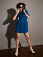 SASSAFRAS Navy Blue Shirt Collar Smocked Detail Cotton Shirt Dress - Image 5