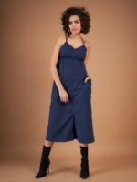 SASSAFRAS Navy Blue Shoulder Straps Empire Midi Dress