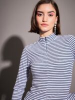 SASSAFRAS Navy Blue Striped High Neck Fitted Top - Image 2