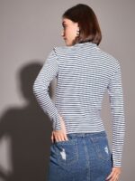 SASSAFRAS Navy Blue Striped High Neck Fitted Top - Image 4