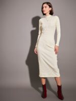 SASSAFRAS Off White Self Design High Neck Sheath Dress