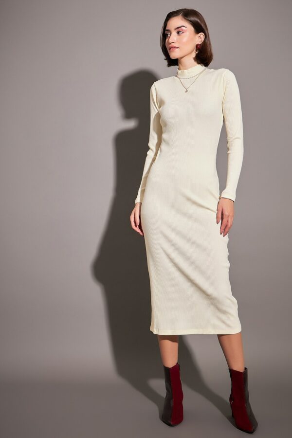 SASSAFRAS Off White Self Design High Neck Sheath Dress