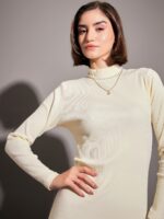 SASSAFRAS Off White Self Design High Neck Sheath Dress - Image 2
