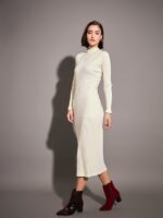 SASSAFRAS Off White Self Design High Neck Sheath Dress - Image 3