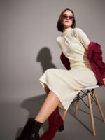 SASSAFRAS Off White Self Design High Neck Sheath Dress - Image 6