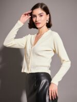 SASSAFRAS Off White V-Neck Front Open Cardigan Top - Image 3