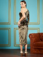 SASSAFRAS Olive Green One Shoulder Cut-Out Velvet Sheath Midi Dress - Image 4