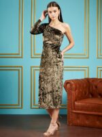 SASSAFRAS Olive Green One Shoulder Cut-Out Velvet Sheath Midi Dress - Image 5