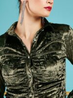 SASSAFRAS Olive Green Slim Fit Velvet Ruched Party Shirt - Image 2