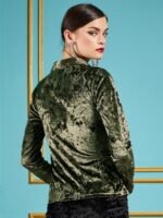 SASSAFRAS Olive Green Slim Fit Velvet Ruched Party Shirt - Image 3