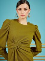 SASSAFRAS Olive Self Design Puff Sleeves Gathered Detail Sheath Dress - Image 2
