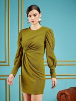 SASSAFRAS Olive Self Design Puff Sleeves Gathered Detail Sheath Dress - Image 3