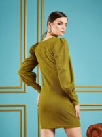SASSAFRAS Olive Self Design Puff Sleeves Gathered Detail Sheath Dress - Image 4