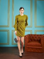 SASSAFRAS Olive Self Design Puff Sleeves Gathered Detail Sheath Dress - Image 5