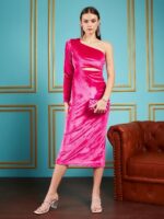 SASSAFRAS Pink One Shoulder Cut-Out Velvet Sheath Midi Dress
