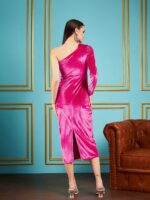 SASSAFRAS Pink One Shoulder Cut-Out Velvet Sheath Midi Dress - Image 4