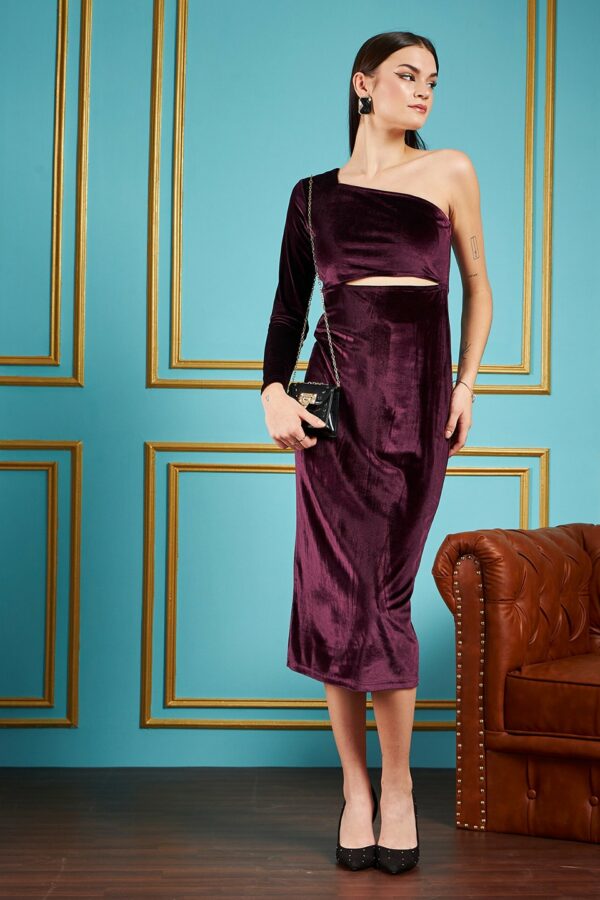 SASSAFRAS Purple One Shoulder Cut-Outs Detail Velvet Sheath Dress