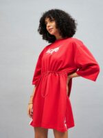 SASSAFRAS Red Knitted Hope Typography Printed Cotton T-shirt Mini Dress - Image 3