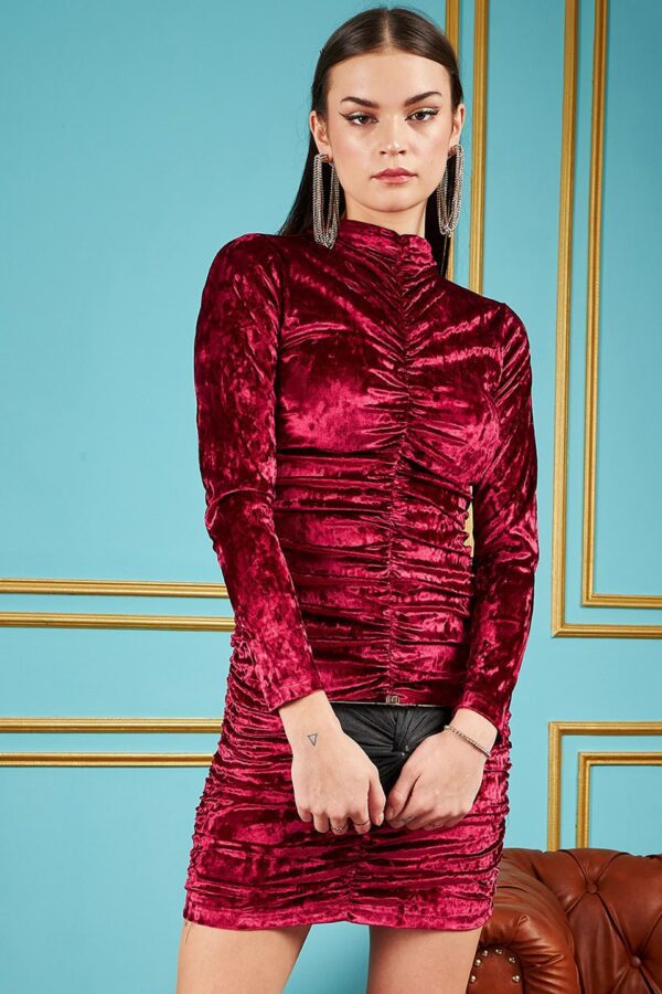 SASSAFRAS Red Round Neck Ruched Velvet Bodycon Dress