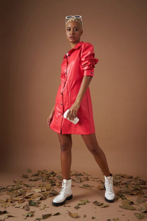 SASSAFRAS Red Shirt Collar Puff Sleeves Shirt Dress