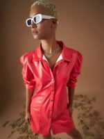 SASSAFRAS Red Shirt Collar Puff Sleeves Shirt Dress - Image 5