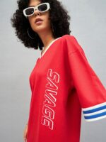 SASSAFRAS Red Typography Printed Cotton T-shirt Mini Dress - Image 2