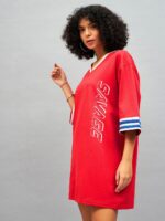 SASSAFRAS Red Typography Printed Cotton T-shirt Mini Dress - Image 3
