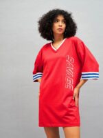 SASSAFRAS Red Typography Printed Cotton T-shirt Mini Dress - Image 7