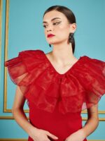 SASSAFRAS Red V-Neck Flutter Sleeve Ruffles Detail Sheath Dress - Image 2