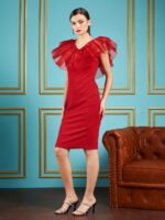 SASSAFRAS Red V-Neck Flutter Sleeve Ruffles Detail Sheath Dress - Image 3