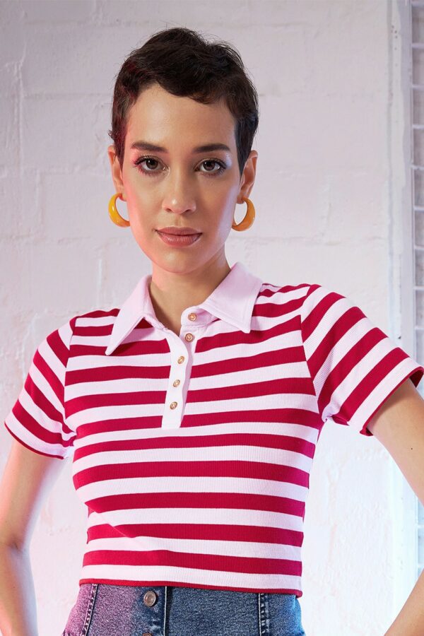 SASSAFRAS Red & White Striped Polo Collar Slim Fit T-shirt