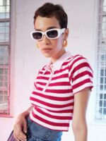 SASSAFRAS Red & White Striped Polo Collar Slim Fit T-shirt - Image 3