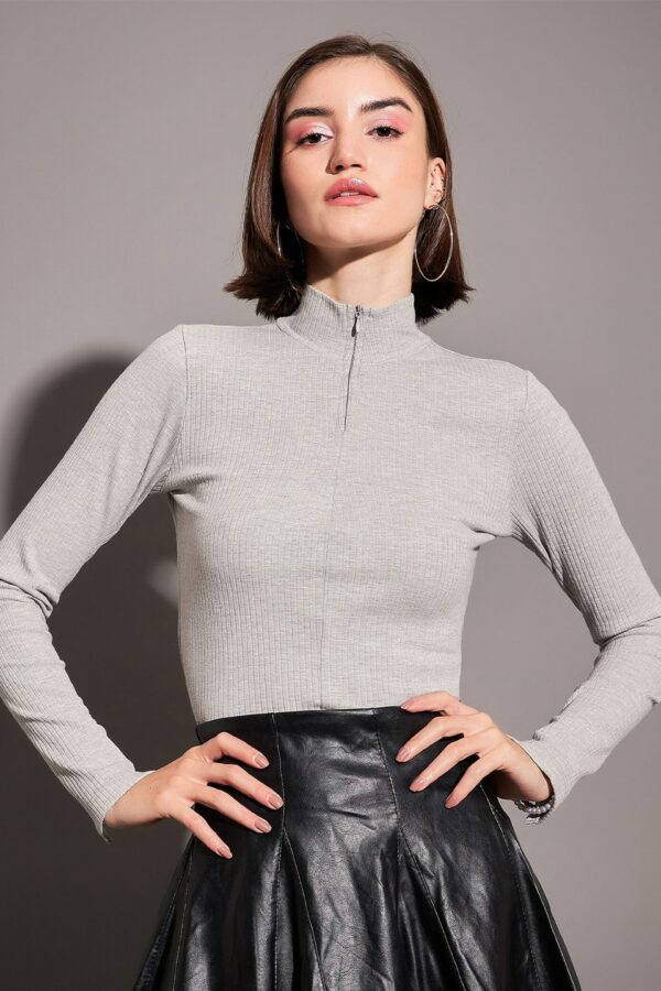 SASSAFRAS Ribbed High Neck Front Zipper Fitted Top