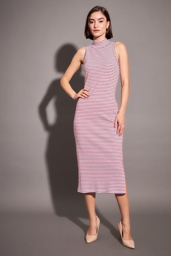 SASSAFRAS Striped High Neck Sheath Midi Dress