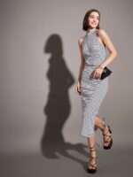 SASSAFRAS Striped Turtle Neck Sleeveless Sheath Midi Dress - Image 5