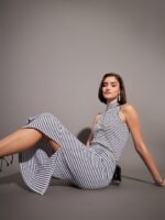 SASSAFRAS Striped Turtle Neck Sleeveless Sheath Midi Dress - Image 6