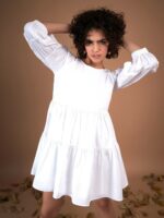 SASSAFRAS White Puff Sleeve Gathered Detail Cotton A-Line Dress