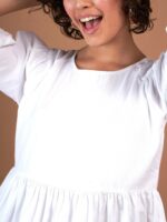 SASSAFRAS White Puff Sleeve Gathered Detail Cotton A-Line Dress - Image 2