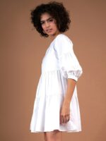 SASSAFRAS White Puff Sleeve Gathered Detail Cotton A-Line Dress - Image 3