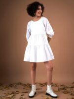 SASSAFRAS White Puff Sleeve Gathered Detail Cotton A-Line Dress - Image 5
