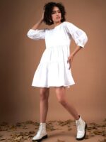 SASSAFRAS White Puff Sleeve Gathered Detail Cotton A-Line Dress - Image 6