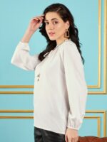 SASSAFRAS White Tie-Up Neck Puff Sleeve Top - Image 3