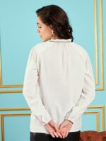 SASSAFRAS White Tie-Up Neck Puff Sleeve Top - Image 4