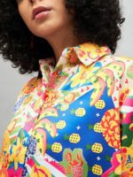 SASSAFRAS Yellow Floral Printed Spread Collar Opaque Casual Oversized Satin Shirt - Image 2