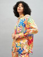 SASSAFRAS Yellow Floral Printed Spread Collar Opaque Casual Oversized Satin Shirt - Image 3